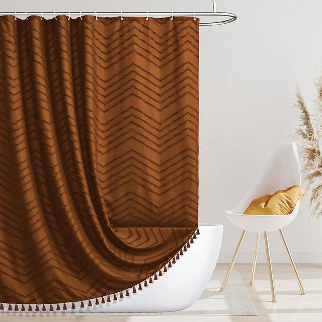 Boho Shower Curtain with Tassel Woven Fabric Pumpkin Orange Shower Curtain 72 x 72 Modern Farmhouse Textured Tufted Chevron Striped Minimalist Bathroom Shower Curtain