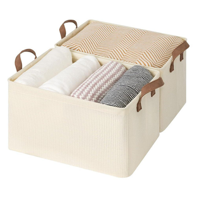 StorageWorks Storage Bins, Shelves Baskets for Organizing, Large Fabric Closet Organizers with Handles, Metal Frame, Beige?Texture?, 2-Pack