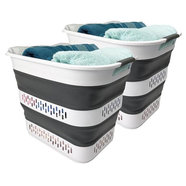 SAMMART 40L (10.5 Gallon) Collapsible Plastic Laundry Basket - Foldable Pop Up Storage Container/Organizer - Portable Laundry Hamper - Space Saving (2, White/Steel Grey)