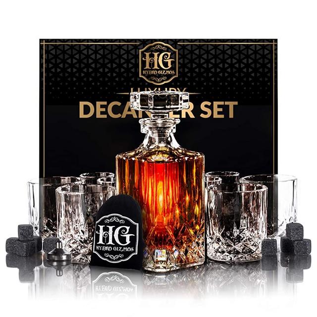 Premium Glass Decanter Set, Whiskey Decanter Set 4 Liquor Glasses, Mens Gift 9 Cooling Whisky Stones and Funnel for Rum, Scotch, Bourbon, Whisky, Crystal Liquor Decanter Drinking Set (Classic glass)
