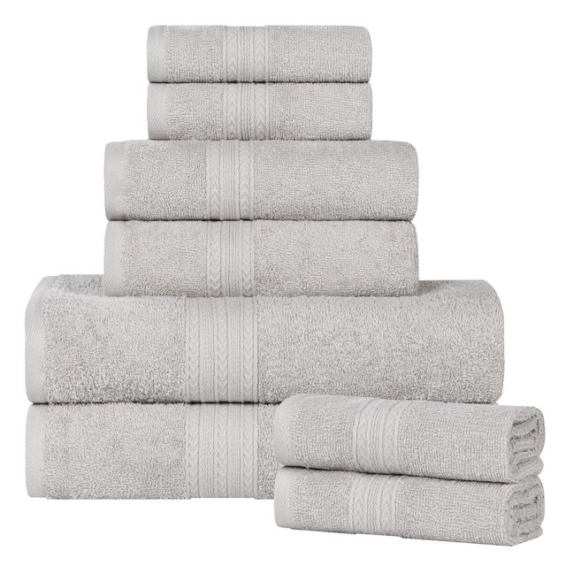 Eco-Friendly Sustainable Cotton Solid Lightweight 8-Piece Bathroom Towel Set, Silver - Blue Nile Mills