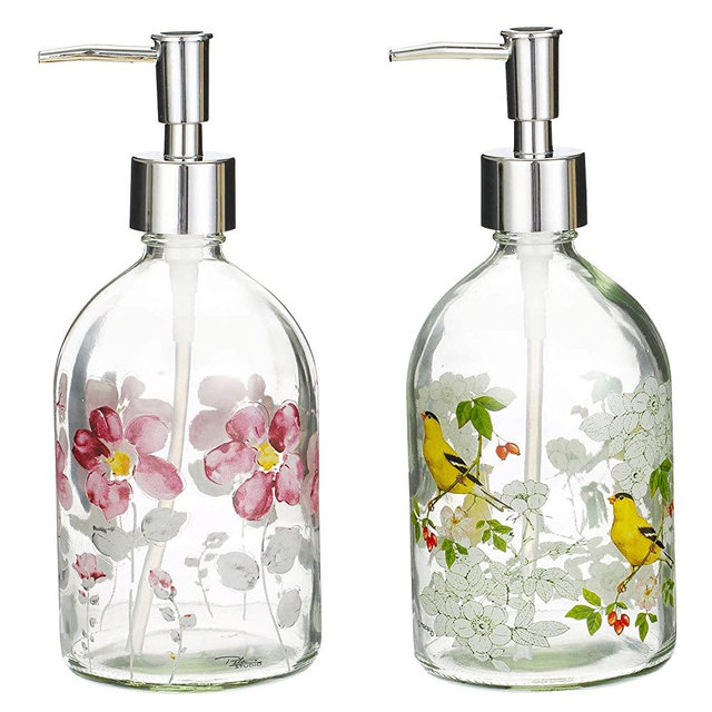 17oz Flower Glass Soap Dispenser Bottle with Plastic Pump,Set of 2