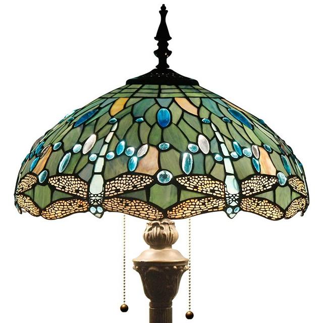 Tiffany Style Floor Standing Lamp 64 Inch Tall Sea Blue Stained Glass Shade Crystal Bead Dragonfly 2 Light Antique Base for Bedroom Living Room Reading Lighting Table S147 WERFACTORY