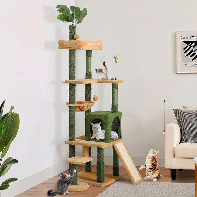YITAHOME Tall Cat Tree Tower with Leaves for Indoor Cats, 72.8in Cute Cat Climbing Tower with Self-Grooming Brush, Cat Condo, Top Perch, Basktet, Sisal Scratching Posts and Board,Toy Balls