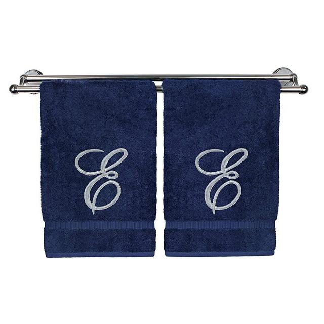 Monogrammed Hand Towel, Personalized Gift, 16 x 30 Inches - Set of 2 - Silver Embroidered Towel - Extra Absorbent 100% Turkish Cotton- Soft Terry Finish - for Bathroom, Kitchen and Spa- Script E Navy
