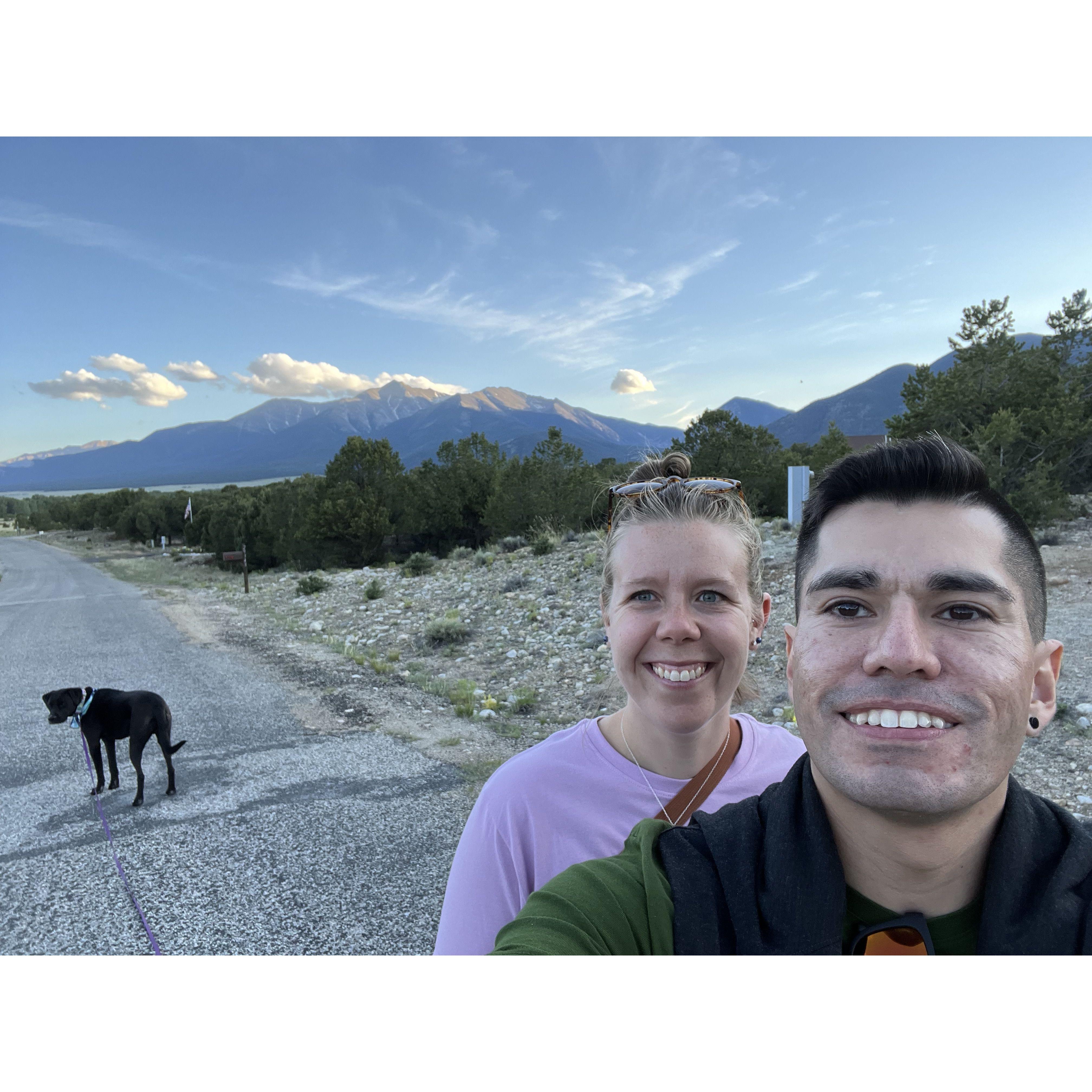 Ollie was more interested in continuing his walk than our selfie in Buena Vista, Colorado.