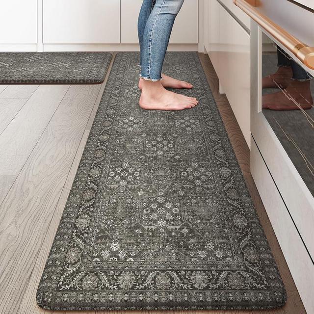 KIMODE Anti Fatigue Kitchen Mat 2PCS,Waterproof Farmhouse Green Kitchen Rugs Non-Slip,Vintage Kitchen Mat for Floor,Cushioned Comfort Foam Standing Mat for Laundry,Office,Sink,Desk