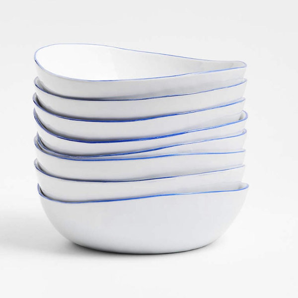 Mercer Blue Rim Porcelain Low Bowls, Set of 8