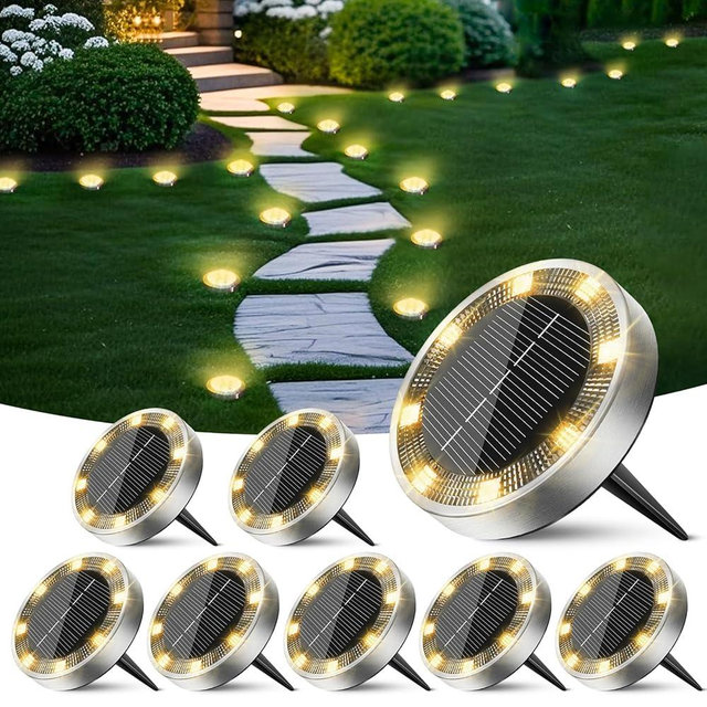 Peasur Solar Ground Lights Outdoor, 8 Pack Flat Solar Powered Disc Lights, IP68 Waterproof, Anti-Rust, Landscape Lighting for Pathway Garden Yard Lawn Walkway Landscape Driveway, Mini, Warm White