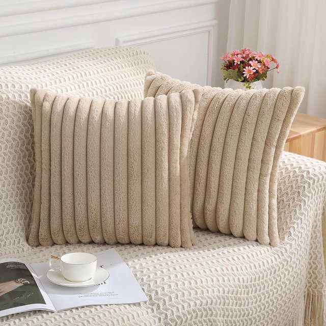 Pallene Faux Fur Plush Throw Pillow Covers 20x20 Set of 2 - Luxury Soft Fluffy Striped Decorative Pillow Covers for Sofa, Couch, Living Room - Khaki