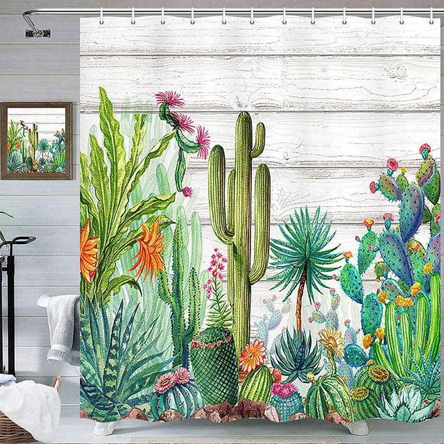 Cactus Shower Curtain, Tropical Plant Green Leaf Succulent Cactus Pink Flowers Rustic Gray Wooden Barn Door Decor Bathroom Waterproof, Modern Farmhouse Fabric Shower Curtain and Hooks Set, 71X71 Inch