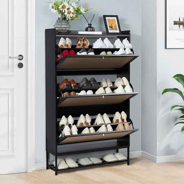 LEVNARY Shoe Cabinet with 3 Flip Drawers, Freestanding Shoe Storage Organizer for Entryway, Wooden Narrow Shoe Racks Cabinet for Home (Black)