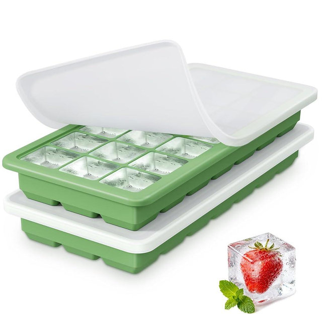 Silicone Ice Cube Trays 42cubes, Easy Release Ice Cube Molds with Lid, Freezer Stackable Ice Maker for Whiskey, Baby Food, BPA Free (2, Green)
