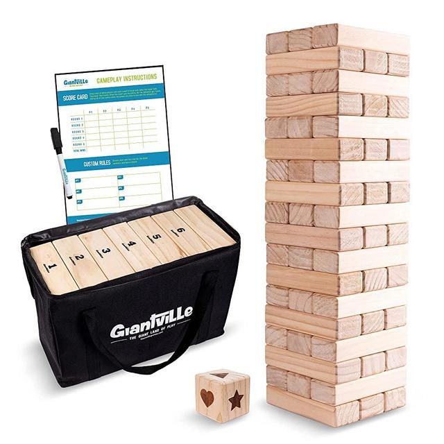 Giant Tumbling Timber Toy + Dice + Carry Bag - Jumbo JR. 54-Pc Wooden Blocks - Premium Pine Wood Floor Game for Kids&Adults - Grows from 1.75-feet to Almost 4-feet While Playing, Life Size Jenga Tower