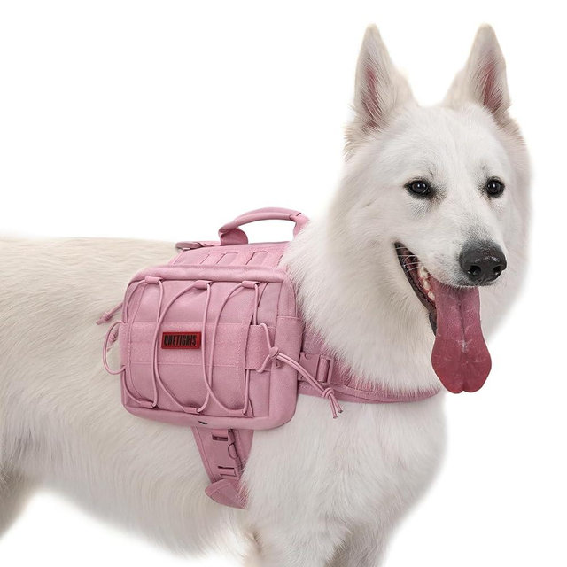 OneTigris Dog Backpack for Medium & Large Dogs, Mammoth Nylon Dog Pack Tactical Backpack Harness with Side Pockets for Hiking Walking Training Running (Pink, Large)