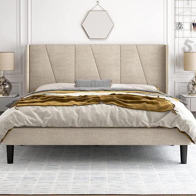 Hoomic King Size Upholstered Platform Bed Frame with Modern Geometric Wingback Headboard, Wooden Slats, No Box Spring Needed, Mattress Foundation, Light Beige