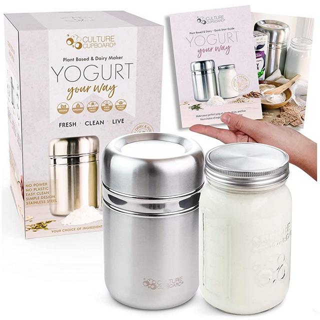 Stainless Steel Yogurt Maker with 1 Quart Glass Jar and Complete Recipe Book to Make 12+ Easy Homemade Dairy Free and Milk Yogurts