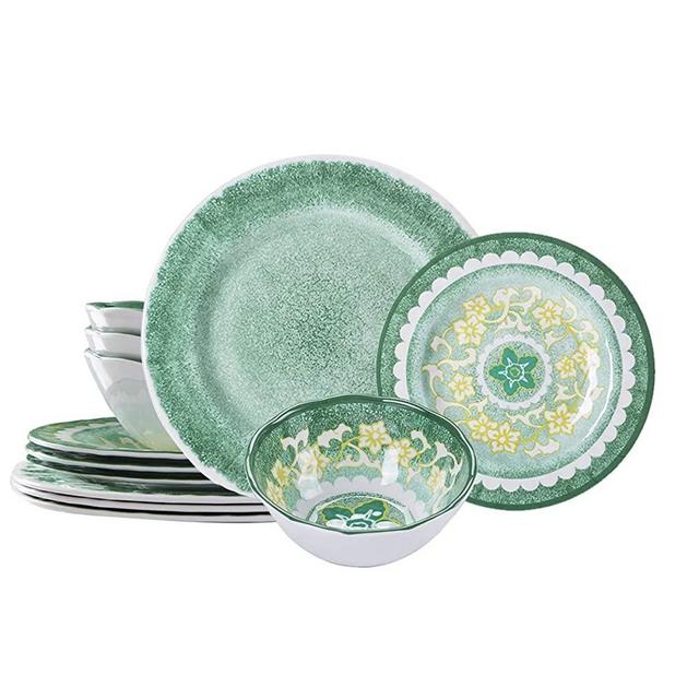 CoCorea Plates and Bowls Set, 12-Piece Melamine Dinnerware Sets - Unbreakable, Lightweight Outdoor Dinner Dishes, Service for 4, Green