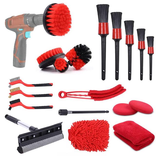 Rerisen 19 Pieces Car Cleaning Tools Kit, Auto Detailing Brush Set with Driller Attachment for Cleaning Wheels, Dashboard, Interior, Exterior, Leather, Air Vents, Emblems