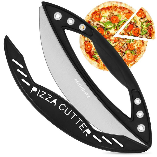 Rainspire 12" Pizza Cutter Rocker Blade Stainless Steel Pizza Rocker with Cover Sharp Blade Pizza Knife Dishwasher Safe Kitchen Gadgets Home Essentials, Black