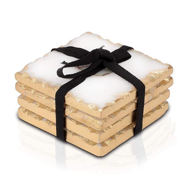 Bezrat Marble Coasters for Drinks - Square - Modern Gold Edge Agate Stone Coaster - Protect Table/Furniture from Water Marks Scratch and Damage