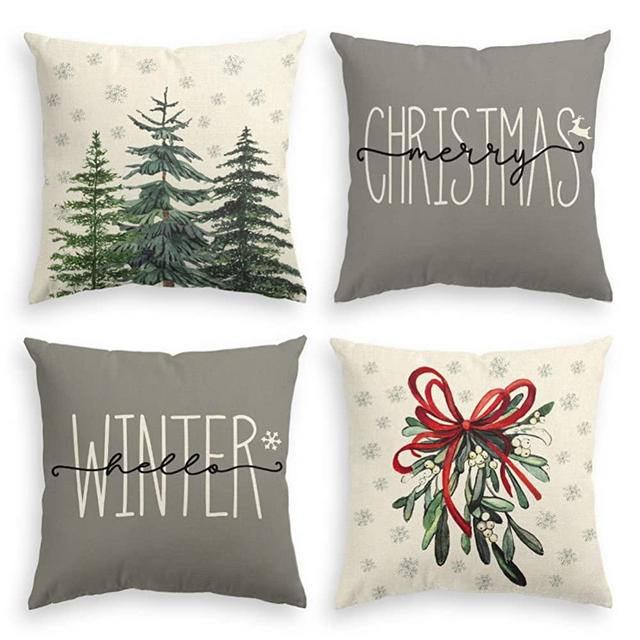 AVOIN colorlife Merry Christmas Tree Hello Winter Throw Pillow Covers, 16 x 16 Inch Mistletoe Pine Spruce Holiday Cushion Case Decoration for Sofa Couch Set of 4