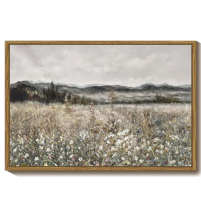 SHENIFY 16x24in Large Vintage Landscape Framed Canvas Wall Art Prairie in Full Bloom Classic Painting Modern Farmhouse Bathroom Office Decor - Natural Framed