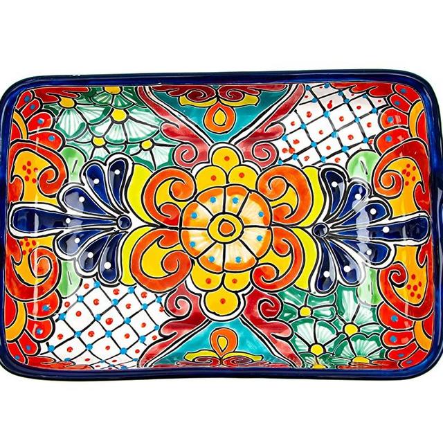 Enchanted Talavera Pottery Hand Painted Ceramic Large Rectangle Serving Platter Dish Tray Food Mexican Floral Pattern (Cobalt Blue)