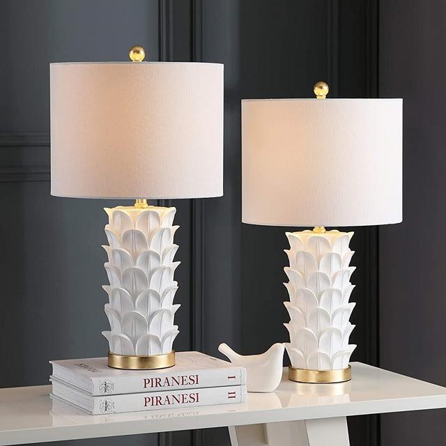 Safavieh Lighting Collection Nico White/Gold Leaf 25-inch Bedroom Living Room Home Office Desk Nightstand Table Lamp (Set of 2) - LED Bulbs Included
