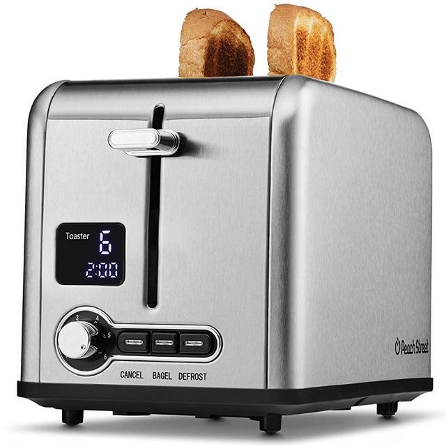 Peach Street 2 Slice Toaster Compact Bread Toaster with Digital Countdown, Wide Slots, Auto-Pop Stainless Steel, 6 Browning Levels, Removable Crumb Tray, with Defrost, Bagel, and Cancel Function
