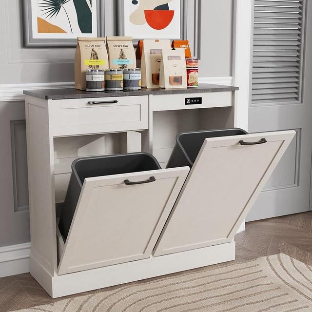 LOUVIXA Double Tilt Out Trash Cabinet, Kitchen Island with Trash Storage, Trashcan Cabinet for Kitchens, Wood Cabinet with Trash Can Pull Out, Dog Proof Trash Can (Off White-Double)