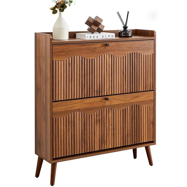 BERRYMERRY 31.5” Fluted Shoe Cabinet Storage with 2 Flip Drawers,Freestanding Narrow Shoe Storage Organizer Cabinet with Wave Profile for Entryway,Hallway,Living Room (Brown)