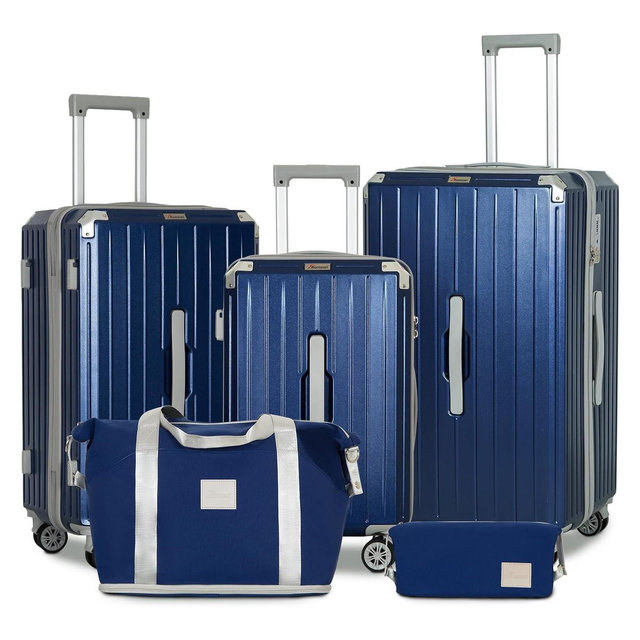 Romswi 5 Piece Carry-On Luggage Set, 20" 24" 28" Lightweight Suitcase with TSA Lock, Cup Holder, and Duffel Bag – Spinner Wheels Travel Navy Luggage
