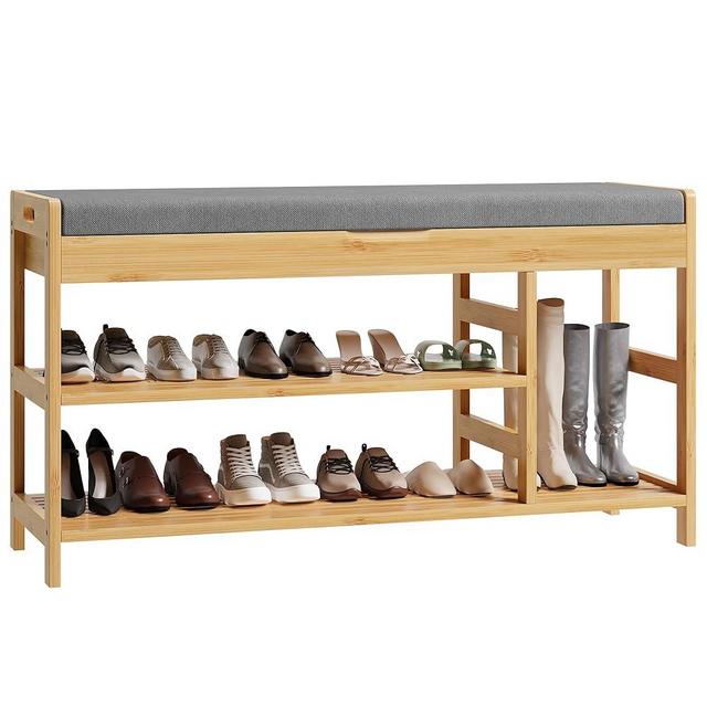 BOTLOG Bamboo Shoe Bench, Shoe Storage Bench with Cushion, Entryway Storage Bench with Hidden Compartment, Shoe Rack Organizer for Entry, Hallway, Natural