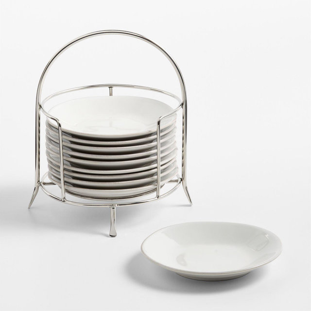 Marin White Round Stoneware Appetizer Plates with Stainless Steel Stand, Set of 10