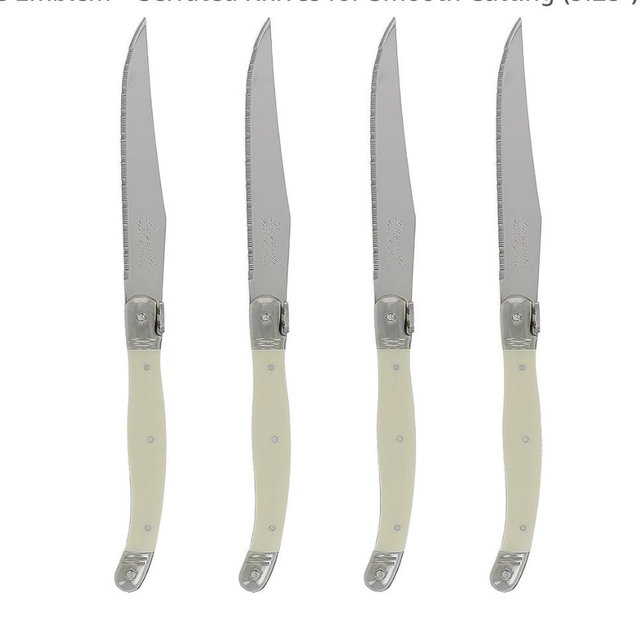 French Home Laguiole 4-Piece Steak Knife Set – Ivory Handles & Iconic Bee Emblem – Serrated Knives for Smooth Cutting (9.25")