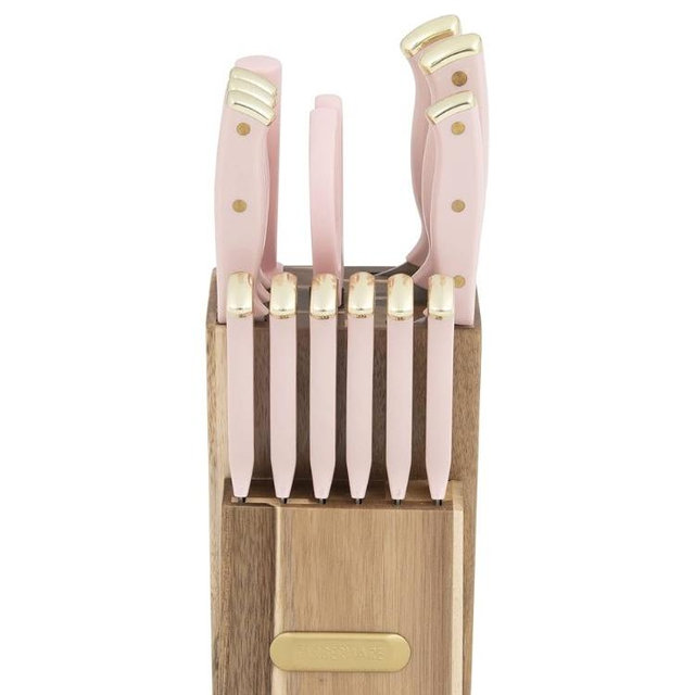 Farberware 15-Piece Triple Riveted Acacia Knife Block Set, High Carbon-Stainless Steel Kitchen Knives with Ergonomic Handles, Razor-Sharp Knife Set, Pink and Gold