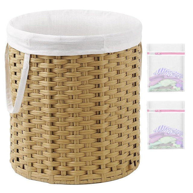 SETVSON Laundry Hamper Round 26.5 Gal (100L) Handwoven Rattan Laundry Basket, Large Wicker Laundry Hamper with Removable Laundry Bag Handles 2 Mesh Bags for Bathroom Living Room Natural