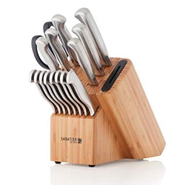 Sabatier 5236954 Stainless Steel Hollow Handle Edgekeeper Knife Block Set 16-Peice Bamboo