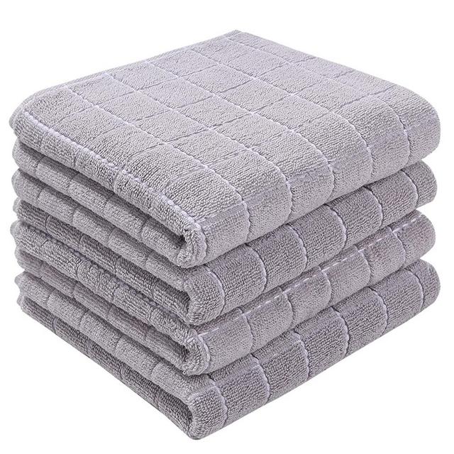 Homaxy 100% Cotton Terry Kitchen Towels(Light Grey, 13 x 28 Inches), Checkered Designed, Soft and Super Absorbent Dish Towel, 4 Pack