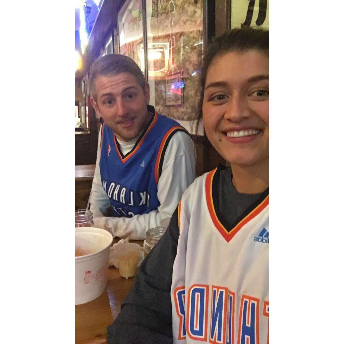 Cheering on the Thunder at Nick's English Hut with some biz fries in Bloomington.