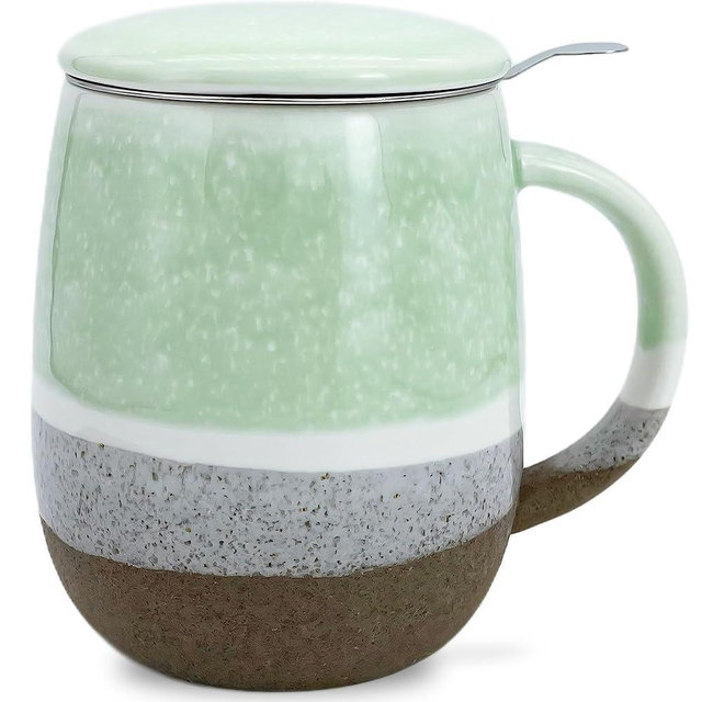 YumKubis 13.5 OZ Reactive Glaze Tea Infuser Cup, Loose Leaf Tea Cup with strainer and lid, Porcelain Tea Mug with Infuser Basket for Tea Drinker, Microwave & Dishwasher Safe, Green