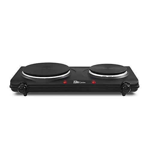 Maxi-Matic EDB-302BF Countertop Double Electric Hot Burner Dual Temperature Controls, Flat cast iron heating plates, Power Indicator Lights, Easy to Clean, 1500 Watts, Black