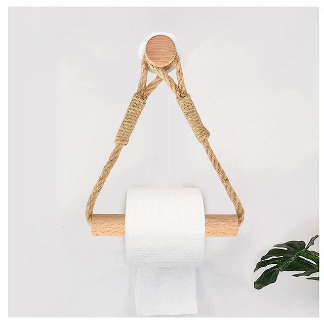Wood & Rope Wall Toilet Paper Holder, Rustic Tissue Rolls Paper Holder Wall Mounted, Nautical Rattan Bathroom Accessories with Self-Adhesive Seamless Screw