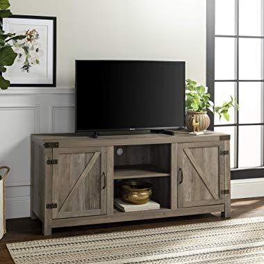 WE Furniture Farmhouse Barn Door Wood Stand for TV's up to 64" Living Room Storage, 58 Inch, Grey Wash