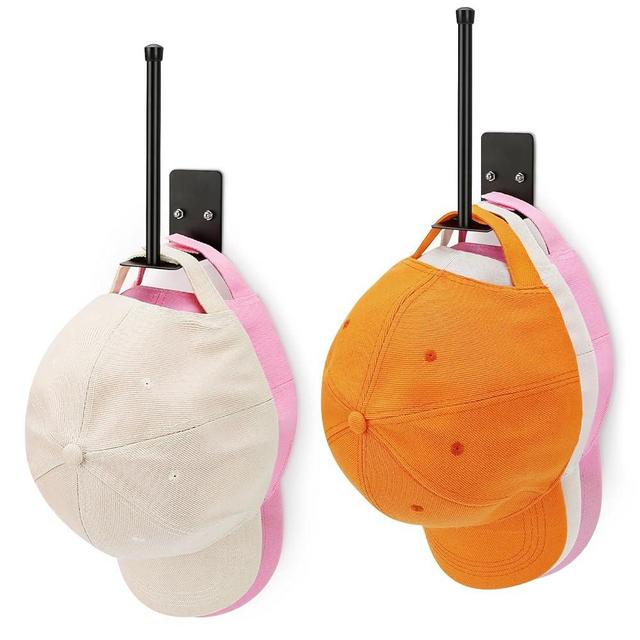 Hat Organizer for Baseball Caps, 2 Pack Hat Racks for Baseball Caps Wall, Hat Hooks for Baseball Caps, Hat Rack for Wall, Hat Hooks for Wall Use Adhesive or Wall Drilled for Door, Bedroom (Black)