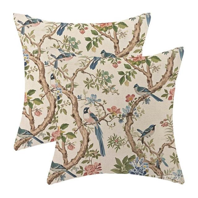 Chinoiserie Pillow Covers 18x18 Set of 2 Pink Green Blue Floral Birds Throw Pillow Covers Spring Summer Vintage Flower Decorative Pillowcase Linen Cushion Case for Home Couch Sofa Outdoor Decor