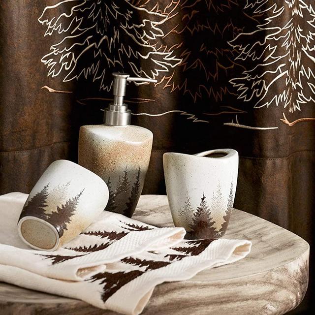 HiEnd Accents Clearwater Pines Rustic Lodge 3-PC Bathroom Countertop Accessory Set, One Size, Cream & Brown