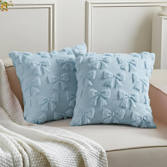 Mixweer Bow Pillow Covers Set of 2 Coquette Room Decor Cute Faux Fur Soft Bowknot Preppy Stuff Fluffy Plush Aesthetic Pillow Covers for Bed Sofa Couch, Fall Christmas Decor(18 x 18 Inch,Blue)