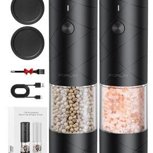 FORLIM Electric Salt and Pepper Grinder Set, USB Rechargeable, Automatic Salt Pepper Mill Grinder with Dust Cover, One-Button Control, Adjustable Coarseness, Warm LED Light (2 Packs, Black)